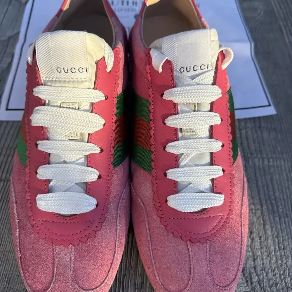 Gucci Rocket Suede Pink Low Top Sneakers Green/Red Stripe SZ IT 40 US 10 W/COA